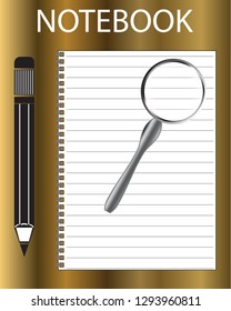 Notebook, pencil and magnifier on golden background