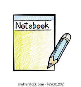 Notebook with pencil. Notepad in doodles style. Office hand-drawn concept.