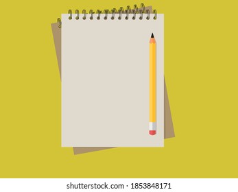 Notebook and pencil on yellow background. Vector illustration. 
