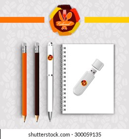 Notebook pencil with pen drive Menu Restaurant Background Coffee Beans