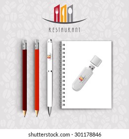 Notebook pencil with pen drive Menu Restaurant Background coffee beans