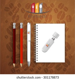 Notebook pencil with pen drive Menu Restaurant Background coffee beans brown