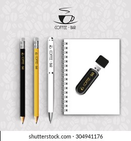 Notebook pencil with pen drive Menu Restaurant Background coffee beans