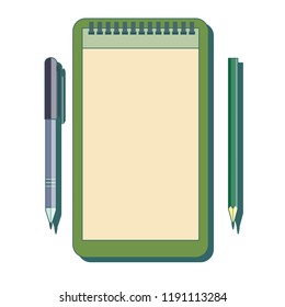 Notebook, pencil and pen. Stock flat vector illustration
