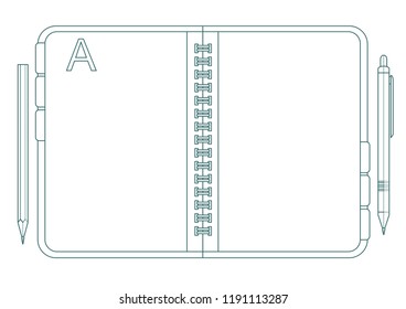 Notebook, pencil and pen. Stock flat vector illustration