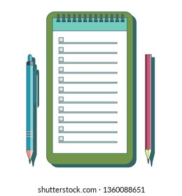 Notebook, pencil and pen. Stock flat vector illustration