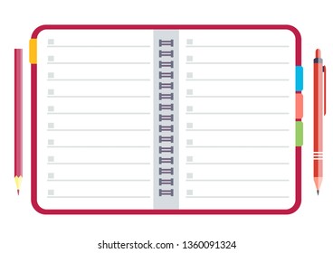 Notebook, pencil and pen. Stock flat vector illustration