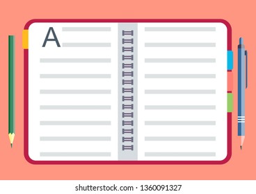 Notebook, pencil and pen. Stock flat vector illustration