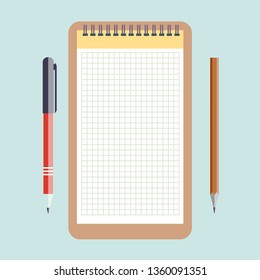 Notebook, pencil and pen. Stock flat vector illustration