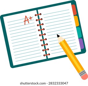 Notebook with pencil and red grade mark on lined paper representing schoolwork and academic assessment in educational setting
