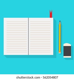 Notebook pencil and rubber flat with shadow on blue background vector illustration
