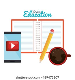 notebook and pencil with smart phone, cup coffee design