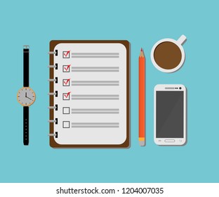 Notebook with a pencil with a smartphone, with a cup of coffee and a clock