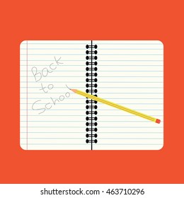 notebook with pencil and text -back to school illustration isolated in a red background