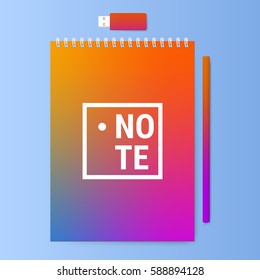 Notebook with a pencil and usb memory stick. Notepad with a bright color cover. Vector illustration.