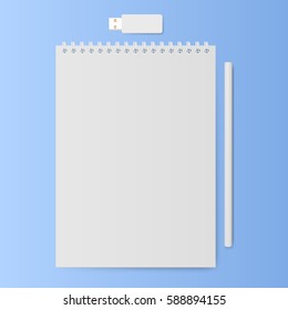 Notebook with a pencil and usb memory stick. Notepad with blank white sheets. Vector illustration.