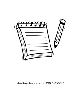 Portátil con ilustración vectorial de lápiz en estilo de dibujo de doodle aislado en fondo blanco