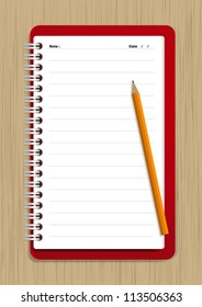 Notebook and Pencil Vector on wood background