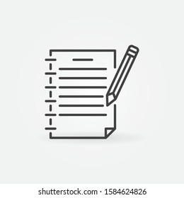 Notebook with pencil or writing vector concept icon or symbol in thin line style