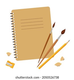 A notebook with pencils, brushes and a sharpener on a white background. Vector illustration