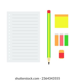 Notebook with pencils and eraser. Flat design vector illustration.