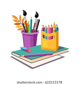 Notebook, Pencils And Eraser, Set Of School And Education Related Objects In Colorful Cartoon Style