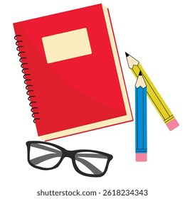 notebook, pencils and glasses on white background