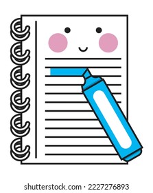 personaje kawaii de cuaderno y penlighter