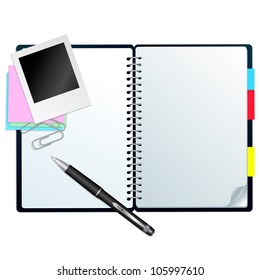 Notebook with pen/Open notebook with pen, stickers and paperclips, isolated on white