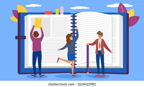 Notebook and people education with teacher in college, university vector illustration. Back to school. Man, woman learning, studying, reading and writing in open huge book.