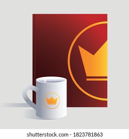 Notebook and personal mug with crown logo, corporate identity template on white background vector illustration design
