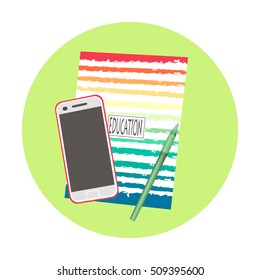 notebook with phone and pen