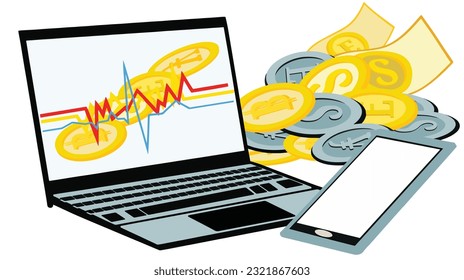 Notebook and phone vector illustration, foreign currency coins on white background.