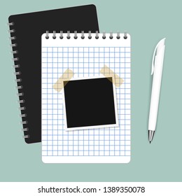 Notebook with photograph and pencil on green background eps10