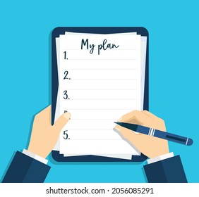 Notebook With Plan And List Of Goals. Hand Writing With Help Of Pen In Paper Document. Person Write Financial Goal And Wish. Plan With Checklist For Future. Note For Motivation And Management. Vector.