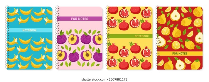 Cubierta del planificador del cuaderno fijada con frutas exóticas. Diseño fresco de la fruta cortada para el planificador, catálogo del libro del folleto. Bloc de notas con granada de plátano y ciruela pera. Vector de moda del cartel de la Plantilla de la impresión de la página del diseño