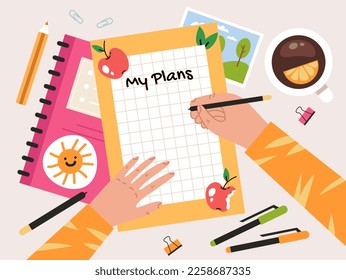 Notebook planner diary to do list on desk plan journal workplace concept. Vector graphic design illustration