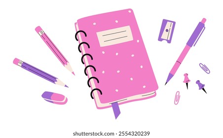 Notebook, Planner or 
Sketchbook, pen, pencils, buttons, paper clips, eraser, sharpener. Cute school stationery in pink and purple. Back to school. Flat style vector isolated on white