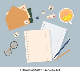 Notebook. Planning. Notepad with notes on the table, top view. Workplace organization concept. Vector current illustration. Workplace for training and work. Notebooks, notepads, memo pads, planners.