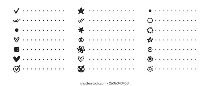 Notebook point checklist set. various bullet point planner vector hand drawn doodle task for work and study planner. Vector illustration