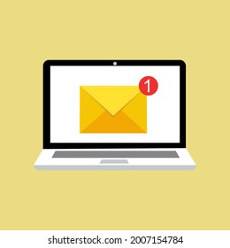 Notebook with postal envelope. Computer and document on the screen. Email concept. Flat style vector illustration.	