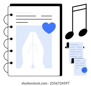 Notebook with praying hands, blue heart, music notes, and checklists. Ideal for spirituality, journaling, organization music productivity. Simple, modern, clean style