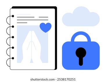 A notebook with praying hands symbol, a blue heart, and a blue lock below a cloud. Ideal for online security, digital privacy, faith-based notes, personal journal protection, and technology