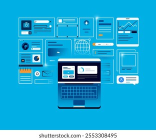 Bloco de anotações em andamento. Bloco de anotações em um plano de fundo de muitas janelas abertas. Conjunto de dados, processo, classificação, banco de dados. Estrutura de desenvolvimento de processos da empresa. Baseado no conceito do data center. 