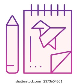 Notebook with project and pencil flat icon. Notepad with drawn bird violet icons in trendy flat style. Sketchbook gradient style design, designed for web and app. Eps 10