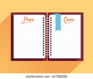 Notebook with Pros and Cons list. To do list. Selection of the optimal solutions, weighing the facts. Do`s and dont`s concept. Vector flat illustration 