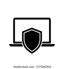 Notebook protection symbol vector icon. Laptop insurance black icon isolated on white background.