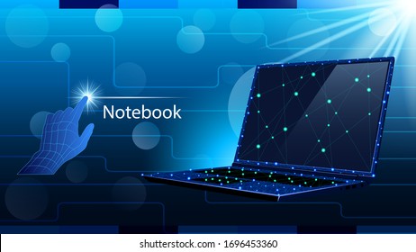 Notebook and Push Finger of Hand. Low Poly Design on Dark Blue Background. Vector Illustration Stock.