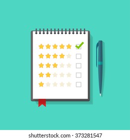 Notebook with rating stars and pen vector illustration, concept of satisfaction feedback, customer reviews, rating service, testimonials, voting, quality control modern flat design isolated on green