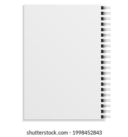 Notebook realistic. White copybook blank closed spiral binder. Paper organizer, sketchbook or diary mockup. Clean sheets, soft cover top view, office stationery vector isolated illustration